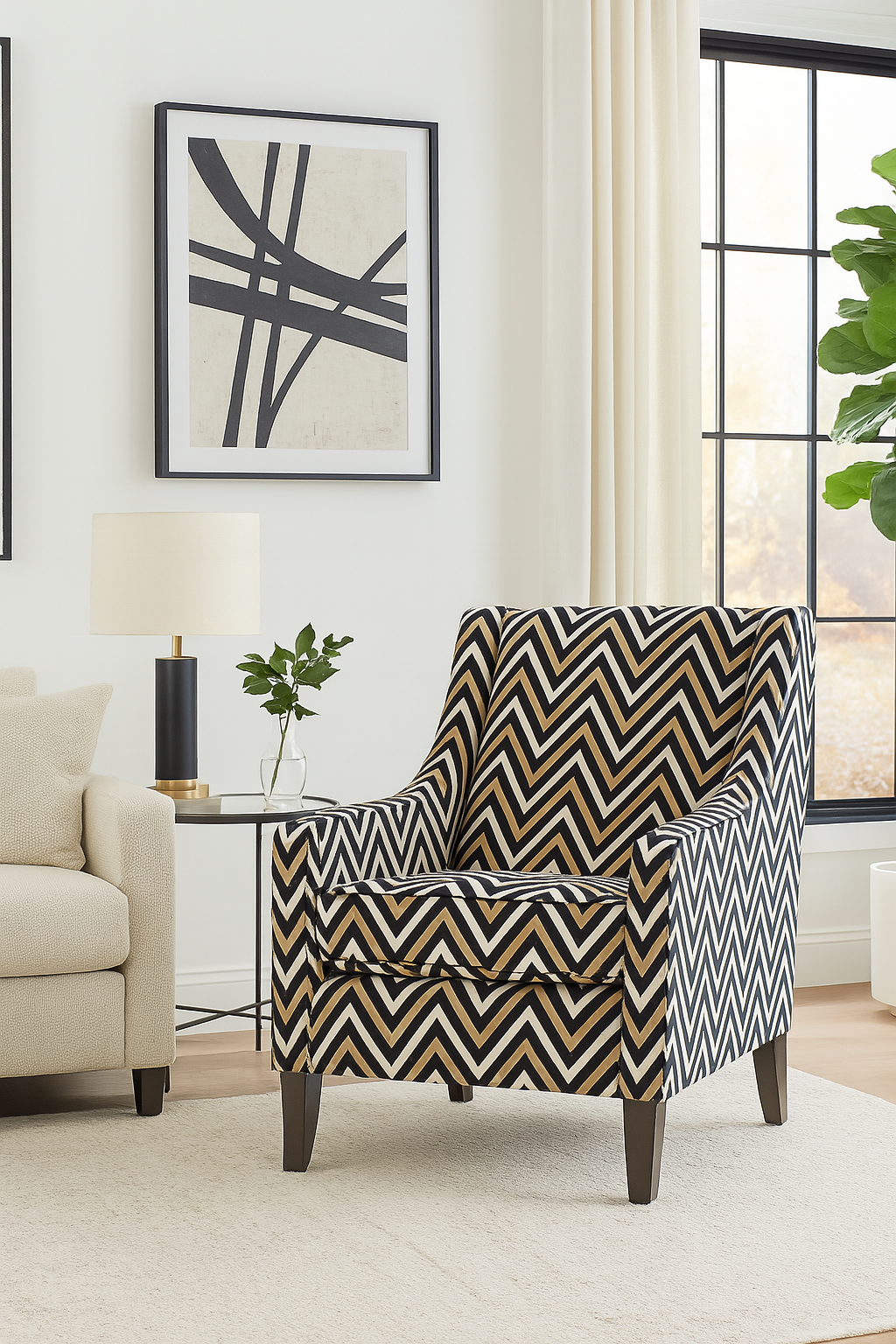 Contemporary living room with black and gold zigzag upholstered armchair.