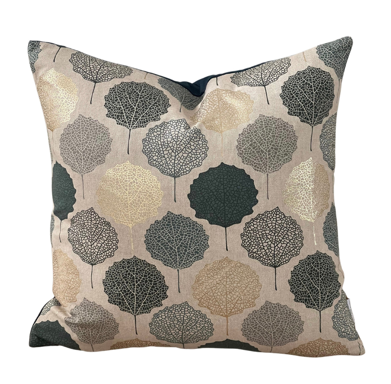 Teal velvet-backed gold leaf cushion cover.

