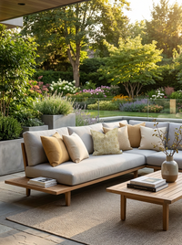Thumbnail for Outdoor garden sofa styled with neutral and mustard cushions including botanical ogee patterned pillow in natural setting