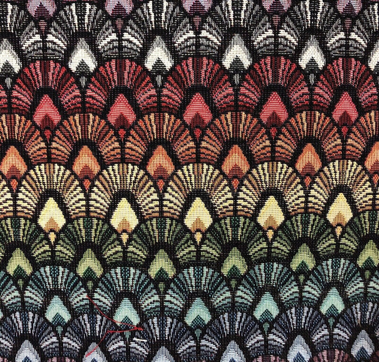 Black bow arch fabric with blue and red details.