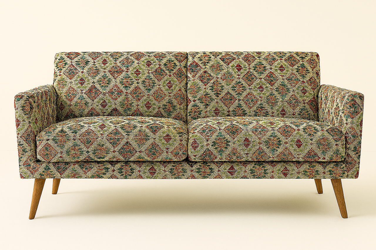 Mid-century modern sofa upholstered in Kilim geometric fabric