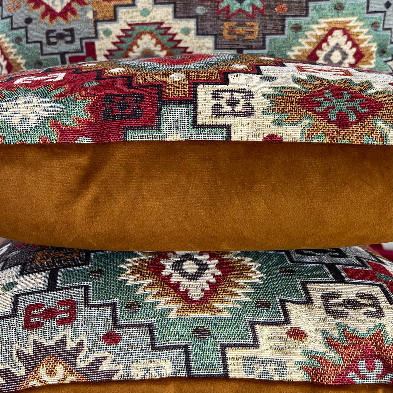 Bohemian style woven pillow in multi-colors.