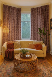Thumbnail for Custom-made curtains in red botanical cotton blend fabric with Morris-inspired Larkspur pattern, styled in rustic living room