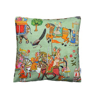 Thumbnail for Decorative Throw Pillow Featuring Rajasthani Royal Parade with Traditional Architecture and Animals
