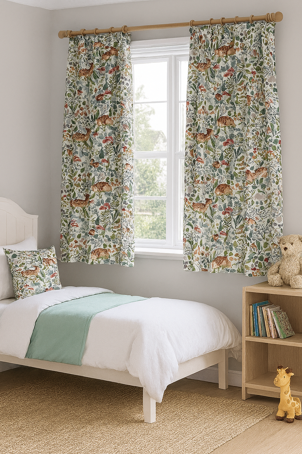 Children's bedroom with floral-patterned curtains and toys on a bed and shelf.