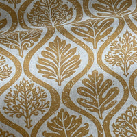Thumbnail for Ogee pattern fabric with botanical leaves in mustard tones