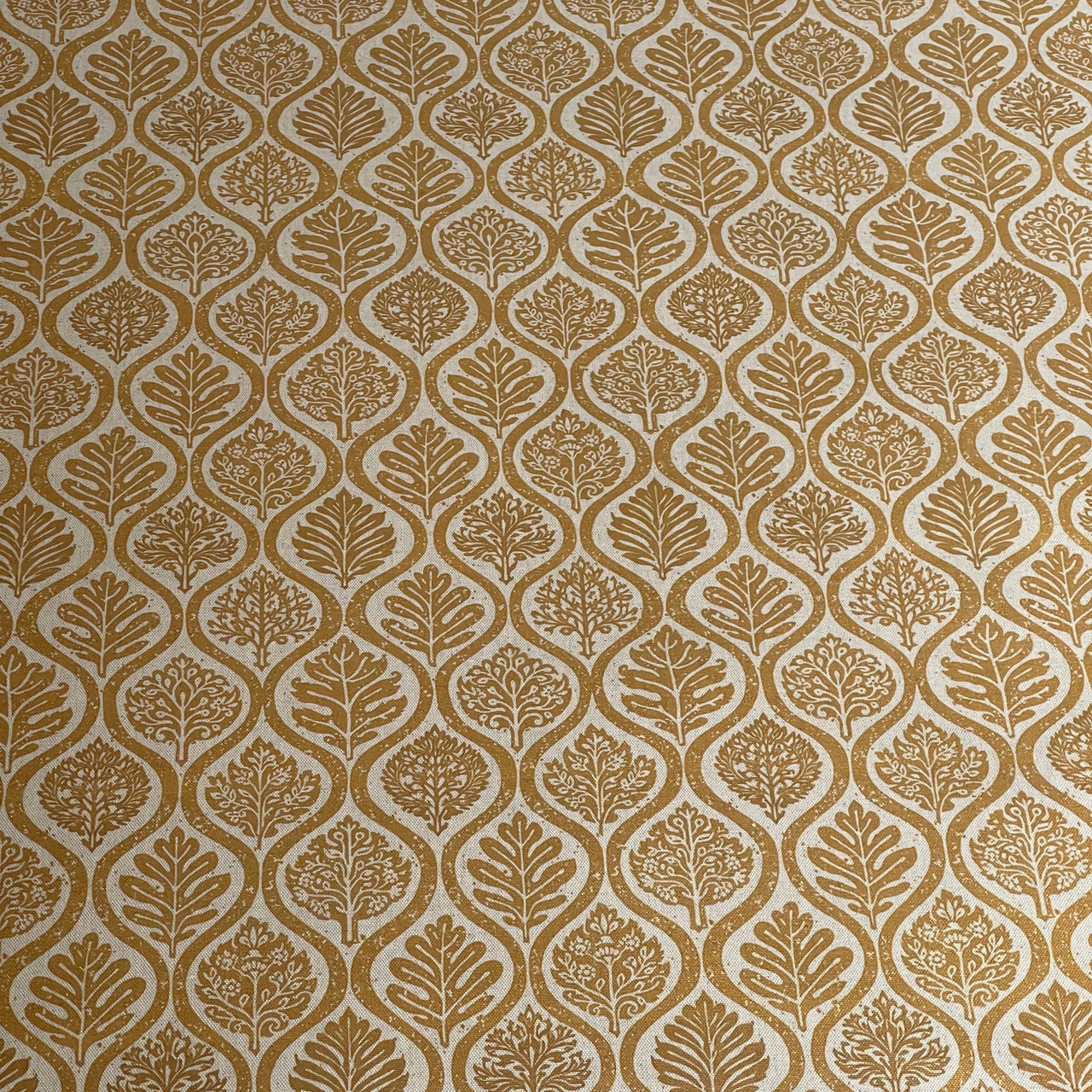 Mustard botanical curtain fabric with ogee pattern detail