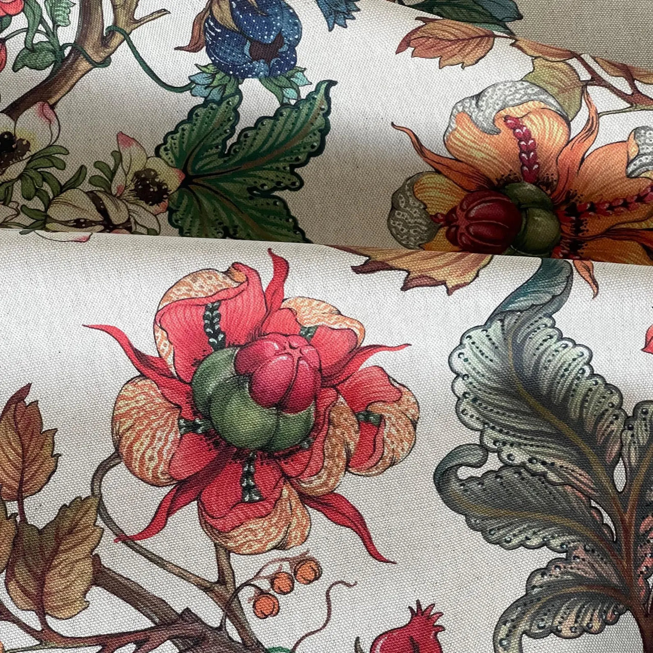 Natural linen-look cotton fabric with floral pattern