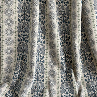Thumbnail for Navy upholstery fabric with symmetrical botanical medallions and vertical layout