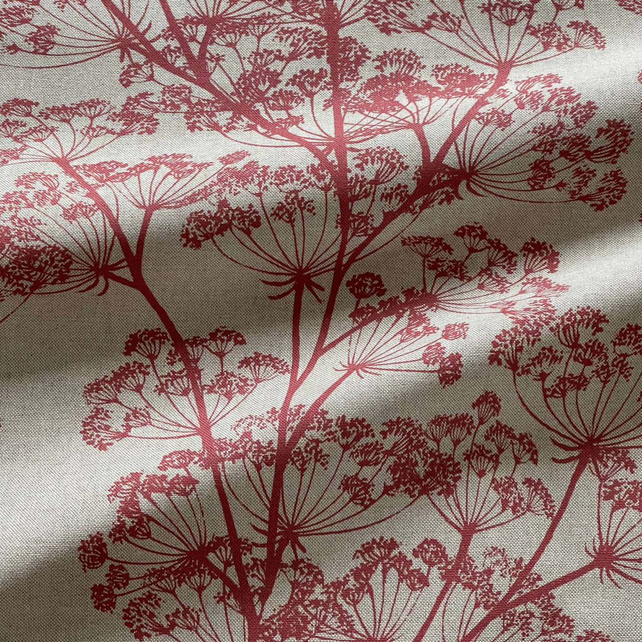 Red cow parsley print fabric suitable for curtains cushions and blinds