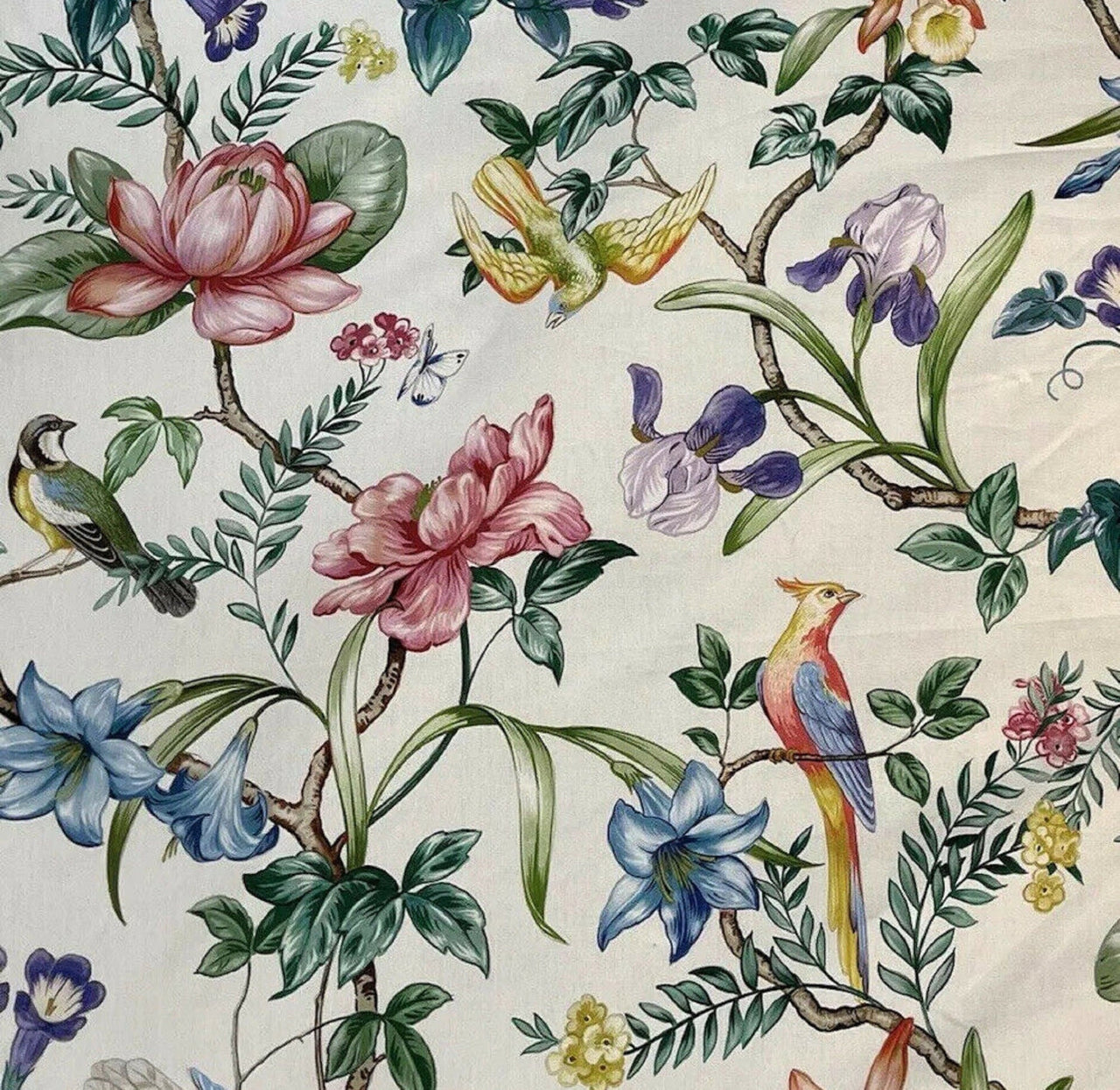 Elegant tropical birds on beige cotton background