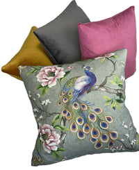 Thumbnail for Peacock-themed throw pillow with velvet accents.