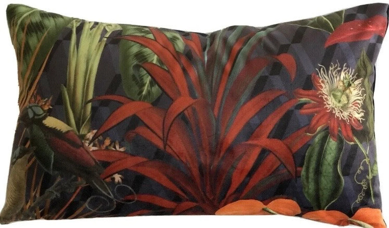 Rich velvet jungle cushion with bird illustration