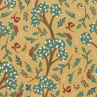 Thumbnail for Golden Cypress decorative fabric in mustard yellow with green, burgundy, and ivory botanical foliage design, shown with ruler for scale — premium cotton-blend textile ideal for custom drapes, Roman blinds, accent cushions, and bold interior styling in eclectic, retro, or boho-inspired spaces