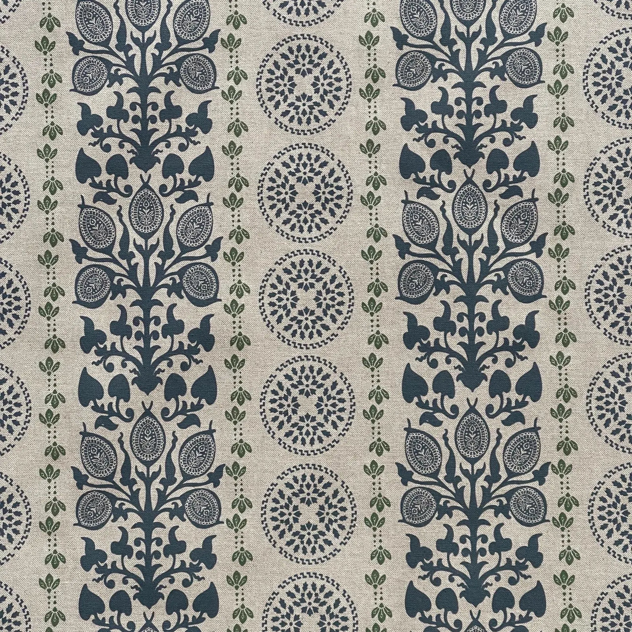 Heritage inspired fabric with navy blue botanical detailing on linen background