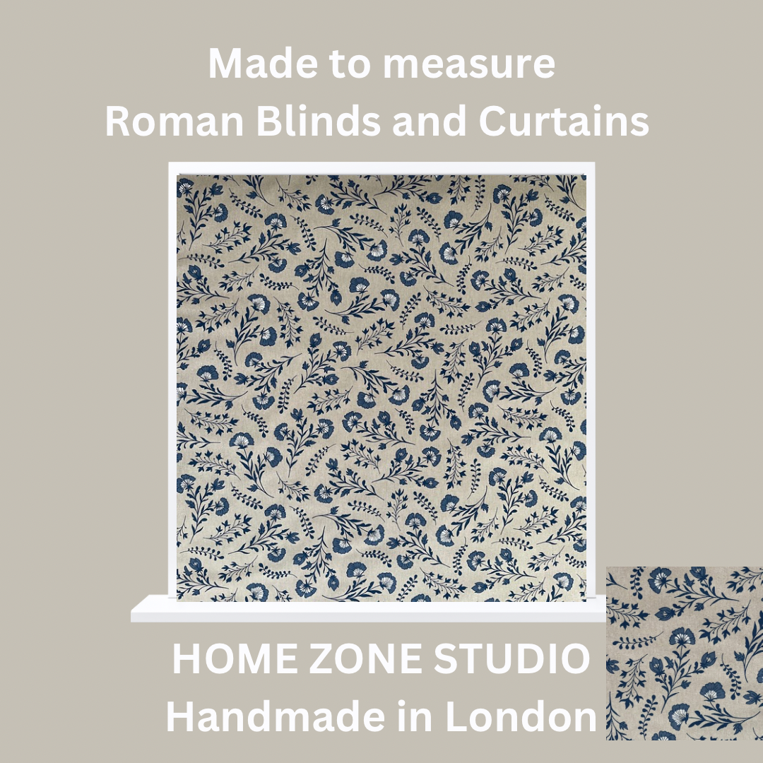 Floral patterned Roman blind with 'Made to measure Roman Blinds and Curtains' text and 'Home Zone Studio' branding.