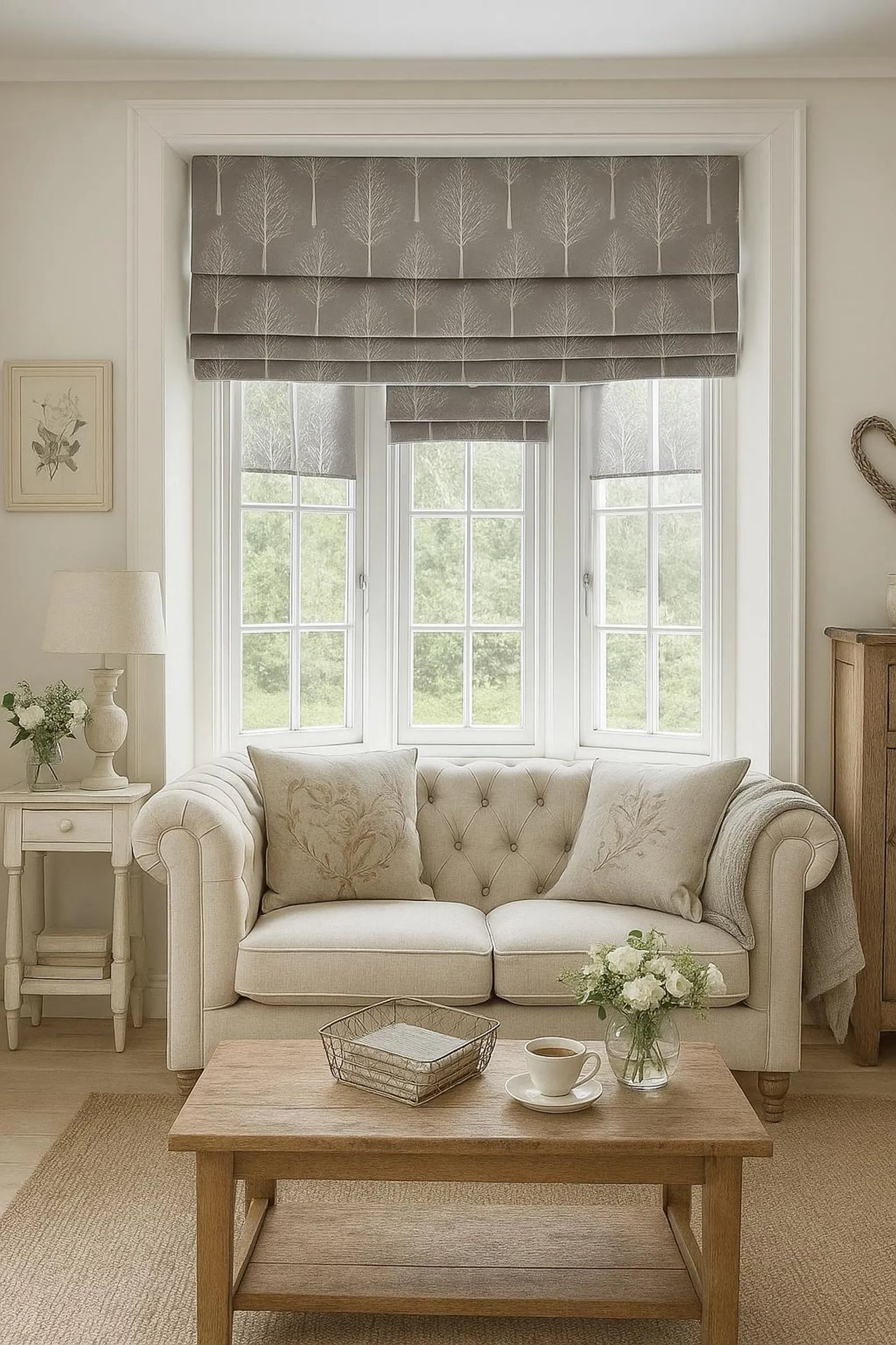 Linen effect grey fabric printed with white tree silhouettes