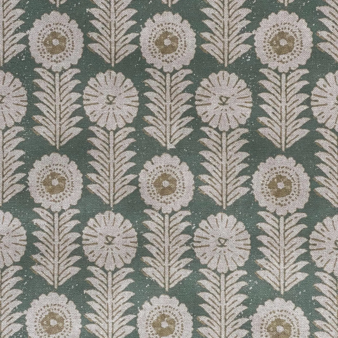 Green floral fabric with soft ivory botanical print on textured base