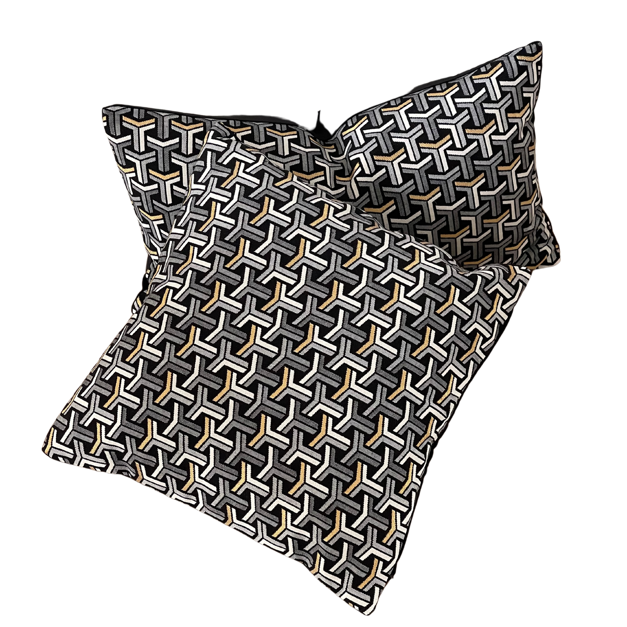 Decorative pillow with woven Art Deco motifs.