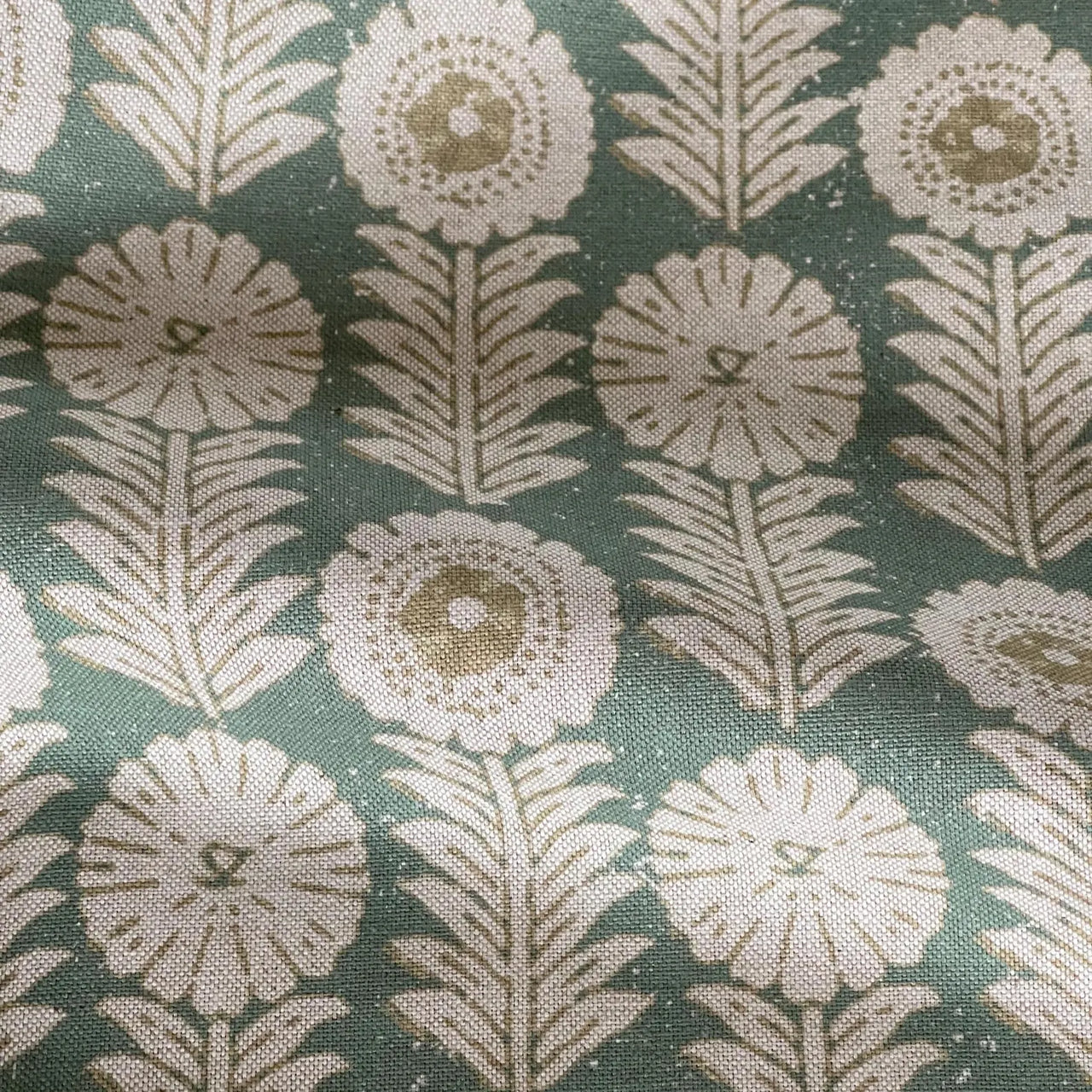 Apple green Scandinavian floral fabric with ivory botanical pattern on linen look background