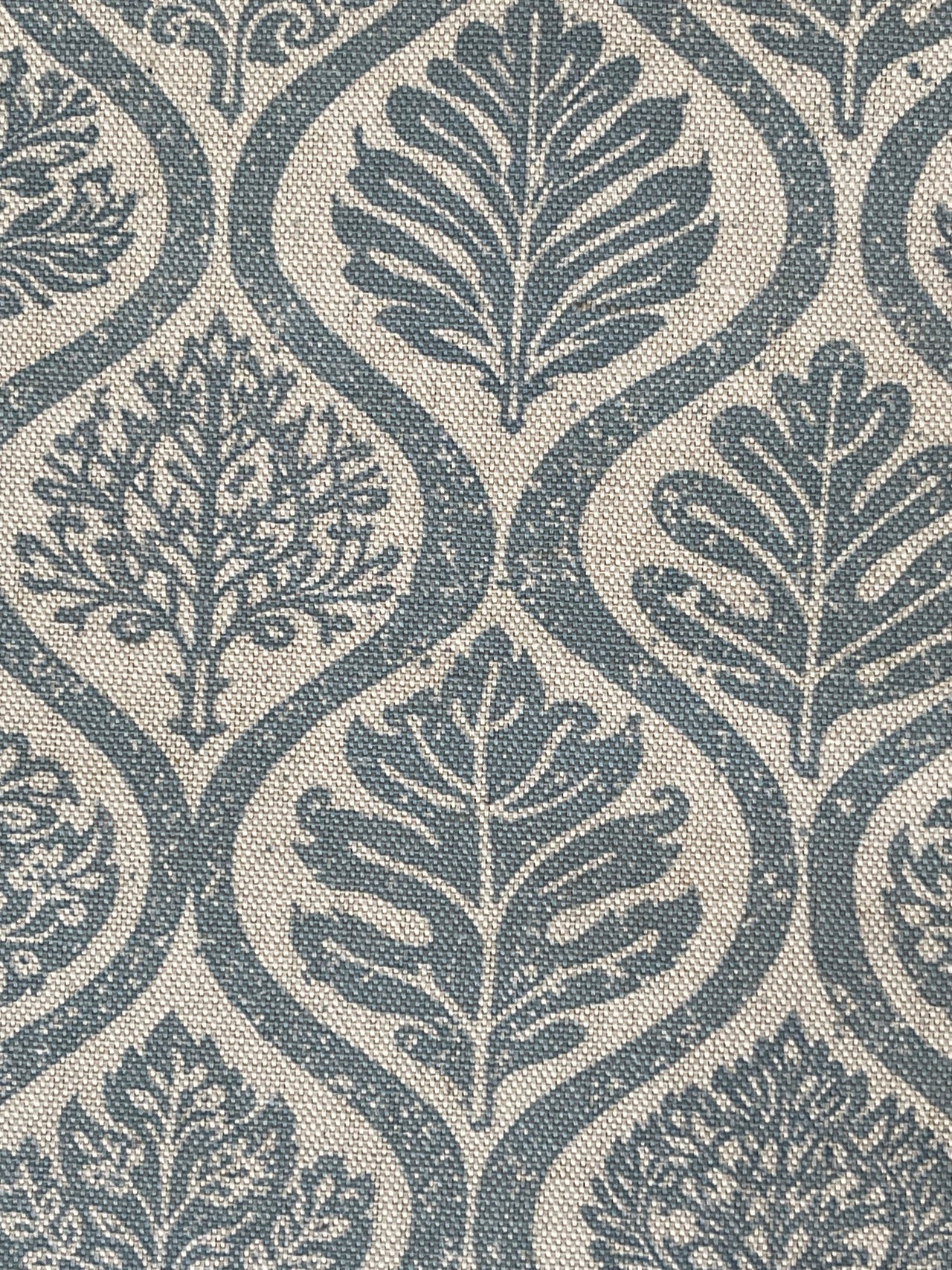 Linen look folk leaf fabric in soft blue grey colourway
