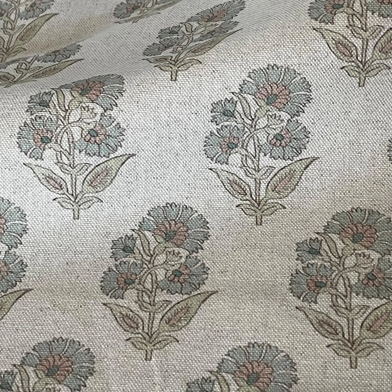 Small scale floral print fabric with linen texture and natural weave
