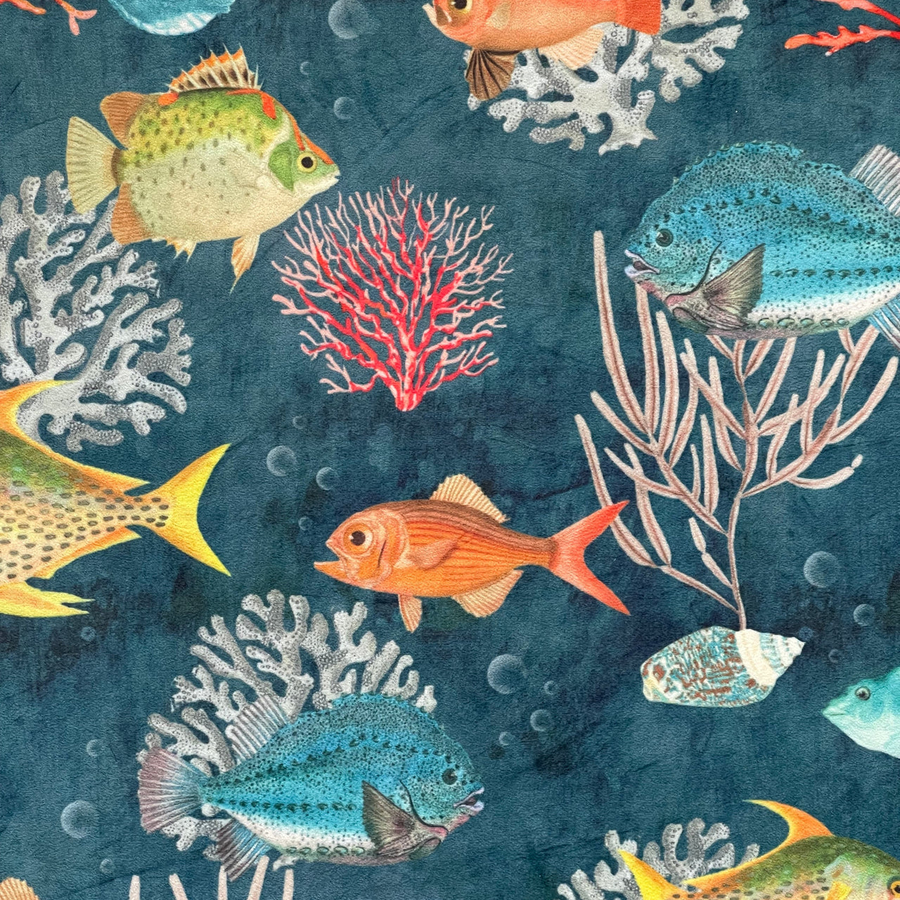 Ocean fish print velvet fabric in deep blue