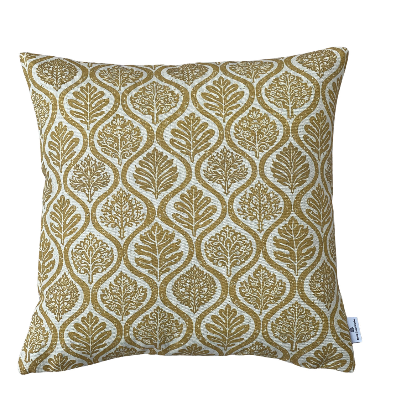 Mustard botanical ogee cushion cover in linen look fabric with Scandinavian leaf pattern