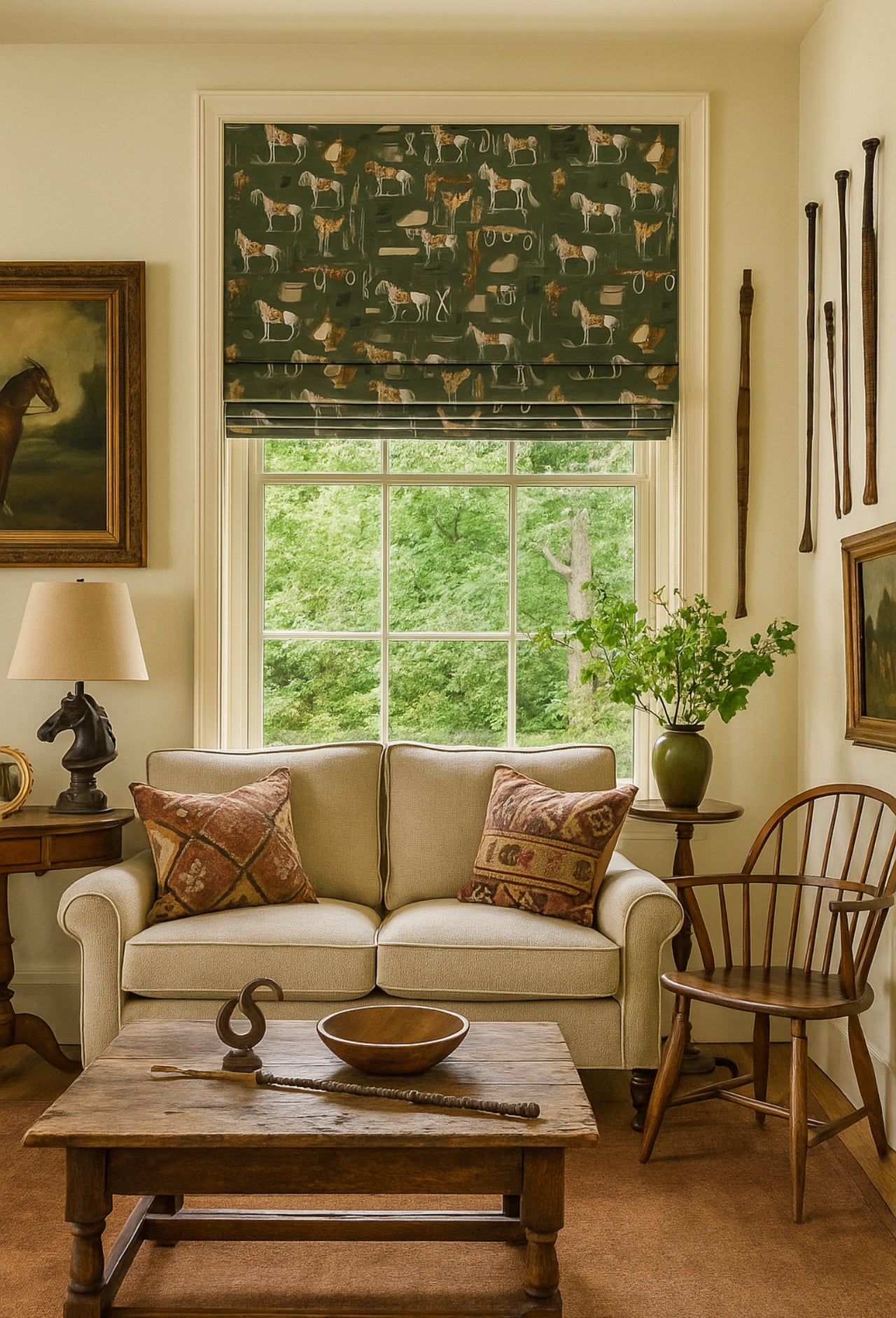 Living room with beige sofa, wooden coffee table, and window with horse-themed curtain.