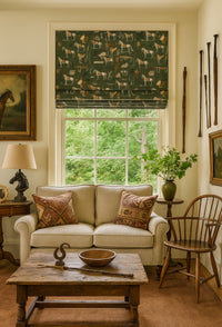 Thumbnail for Living room with beige sofa, wooden coffee table, and window with horse-themed curtain.
