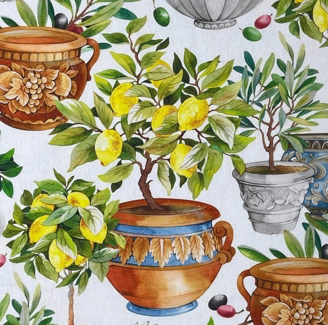 Lemon and terracotta pot illustration on fabric