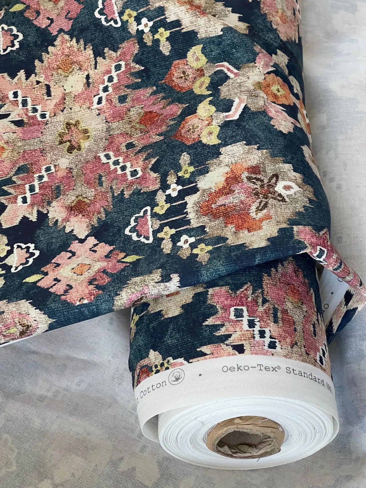 Medallion patterned organic cotton fabric in jewel colours