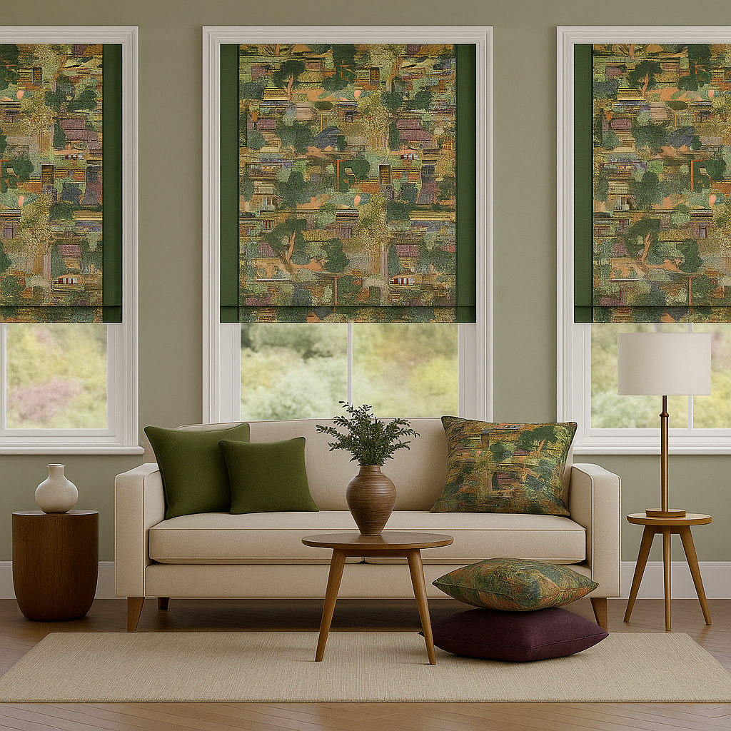 Living room with custom Roman blinds in Japanese bonsai garden print and green border, featuring modern furniture and neutral tones.