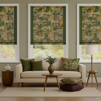 Thumbnail for Living room with custom Roman blinds in Japanese bonsai garden print and green border, featuring modern furniture and neutral tones.