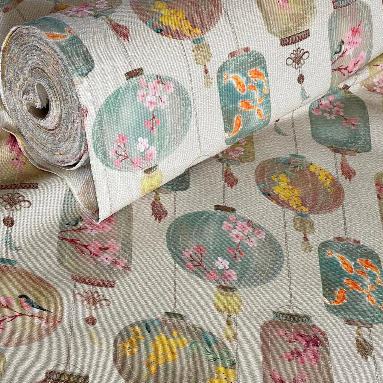 Celestial Lanterns cotton fabric with muted pastel palette