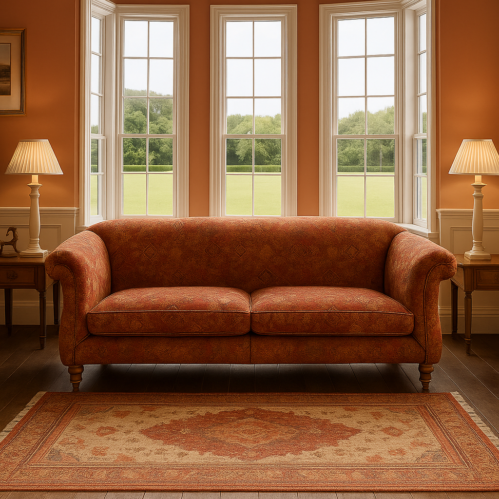 Sofa with antique rug-inspired textile in warm tones

