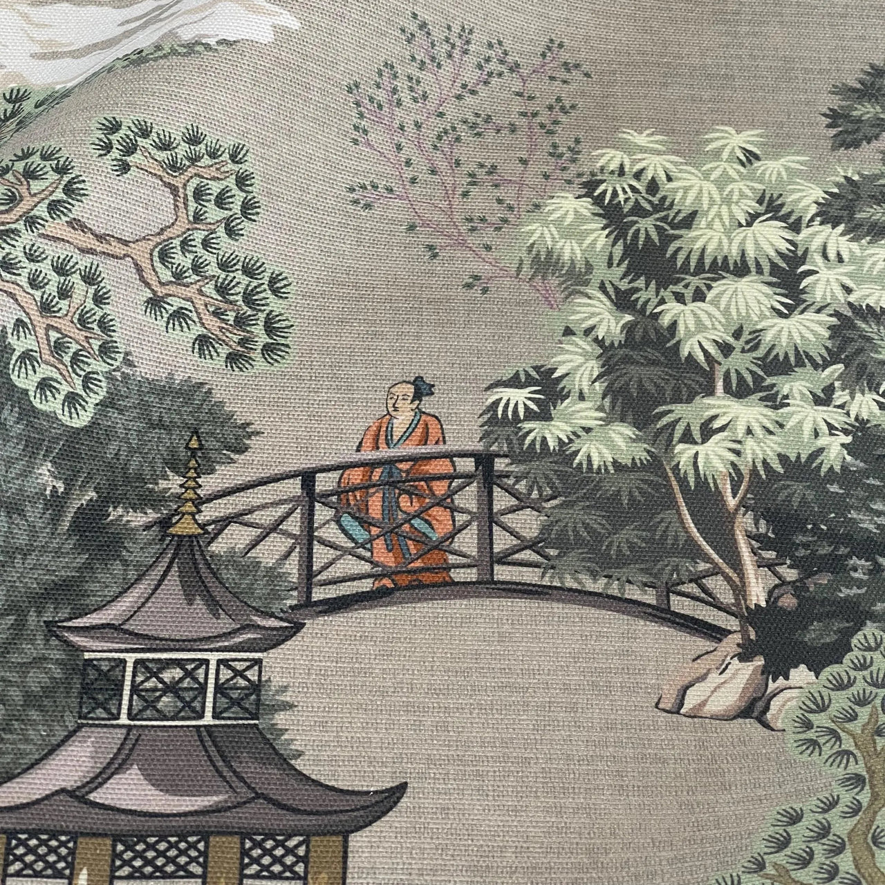Pagoda Garden grey toile fabric with pagodas, water, and lush greenery