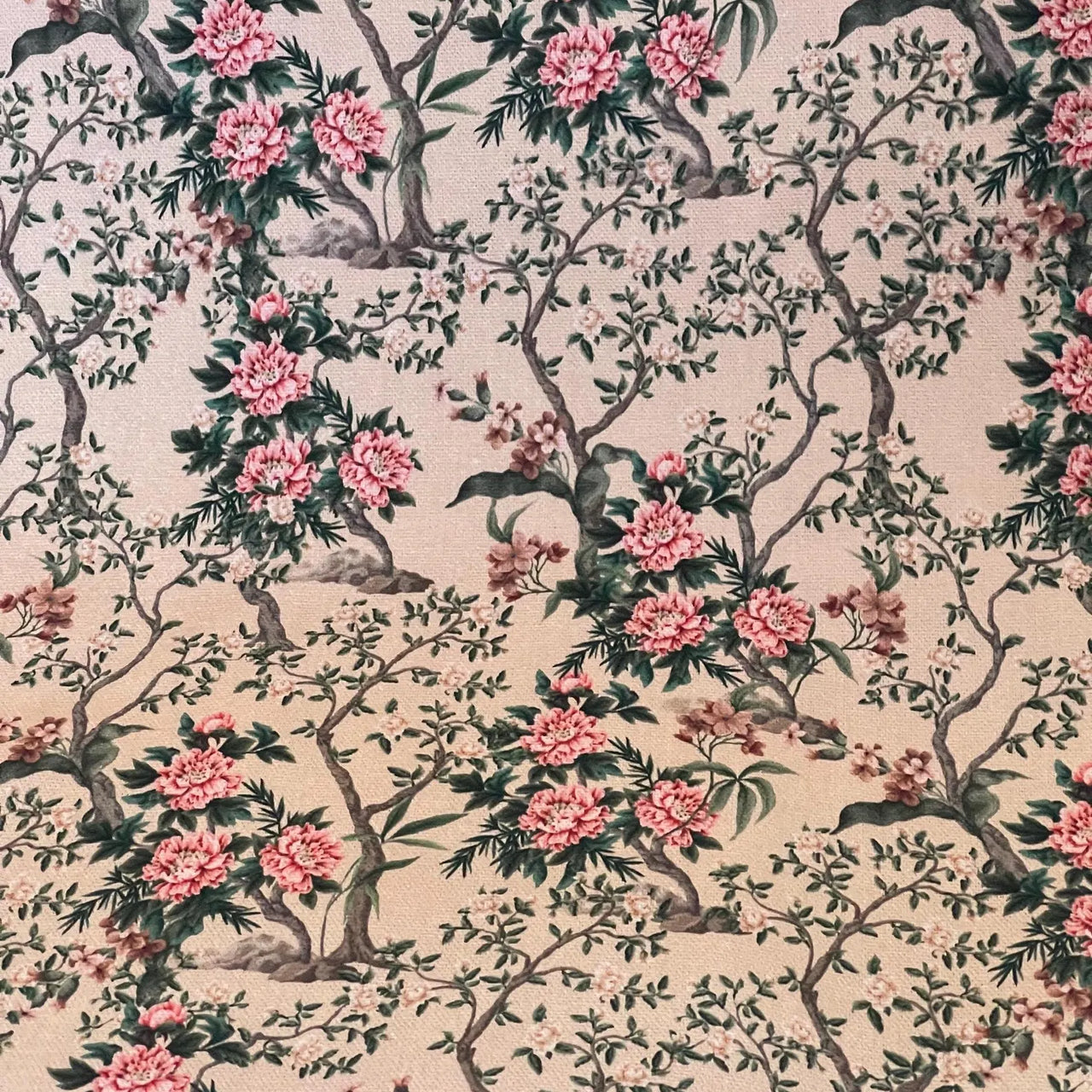 Chinoiserie peony floral fabric with pink blossoms on neutral background