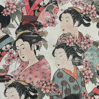 Thumbnail for Close-up of elegant geisha illustrations on 100% cotton fabric with pink cherry blossom accents.
