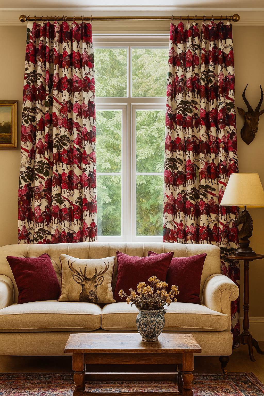 Living room with elegant Mongolian horsemen print drapes in red and beige, adding an exotic oriental touch to home decor