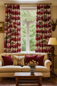 Thumbnail for Living room with elegant Mongolian horsemen print drapes in red and beige, adding an exotic oriental touch to home decor