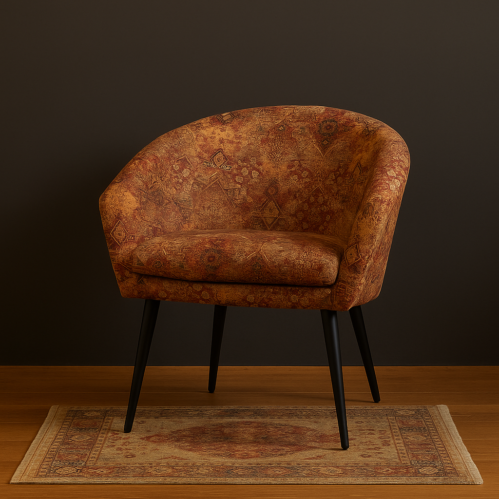 Rustic armchair with warm-toned rug fabric pattern