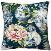 Thumbnail for Floral cushion cover featuring a large pink peony, white and blue Asian vase, and butterflies on a deep teal blue background.
