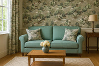 Thumbnail for Scenic Pagoda Garden fabric with rivers, trees, and Asian architecture