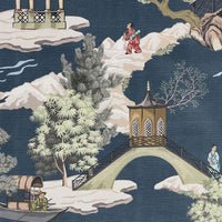 Thumbnail for Elegant chinoiserie fabric with deep blue background and scenic details