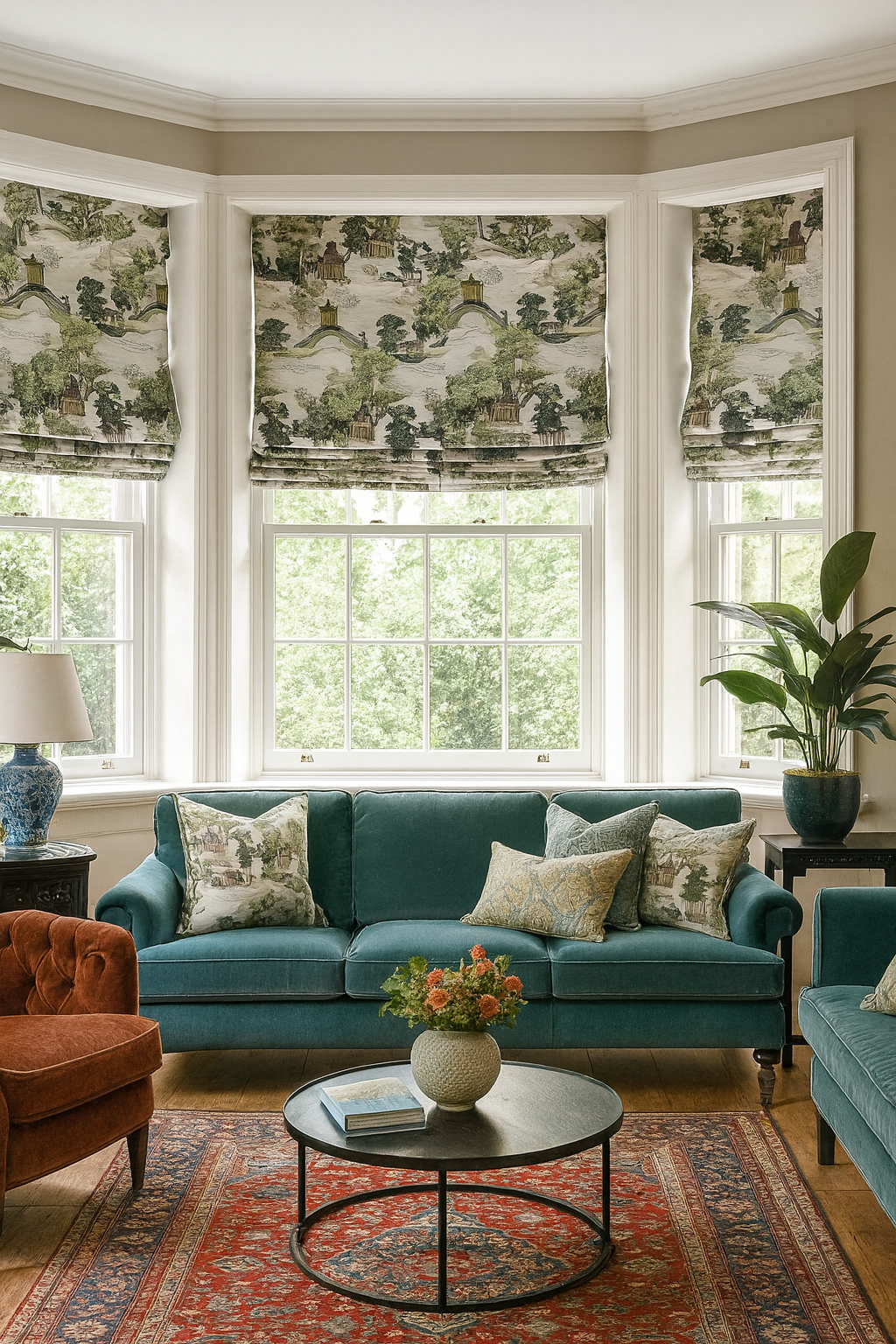 Oriental style living room with bay windows and Roman blinds in white chinoiserie pagoda fabric