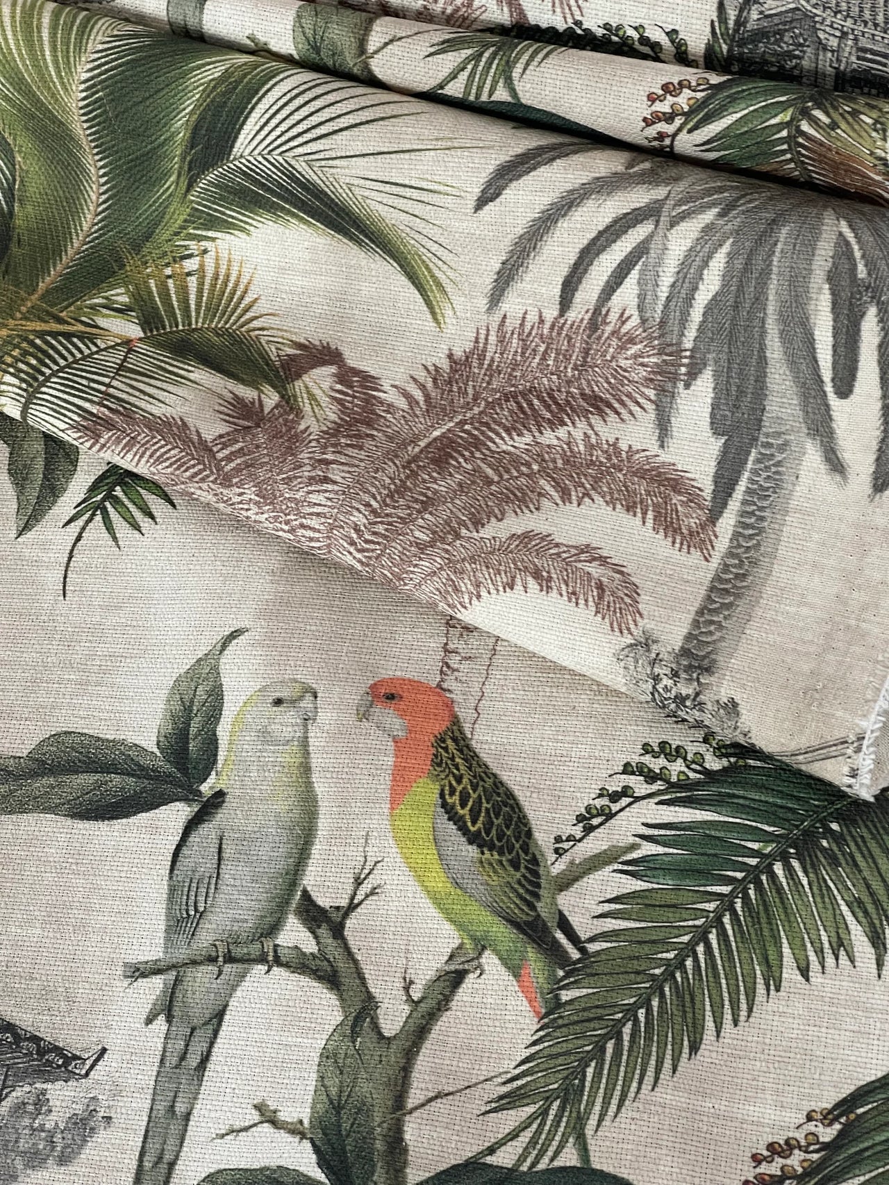 Botanical scene fabric with exotic birds and heritage buildings