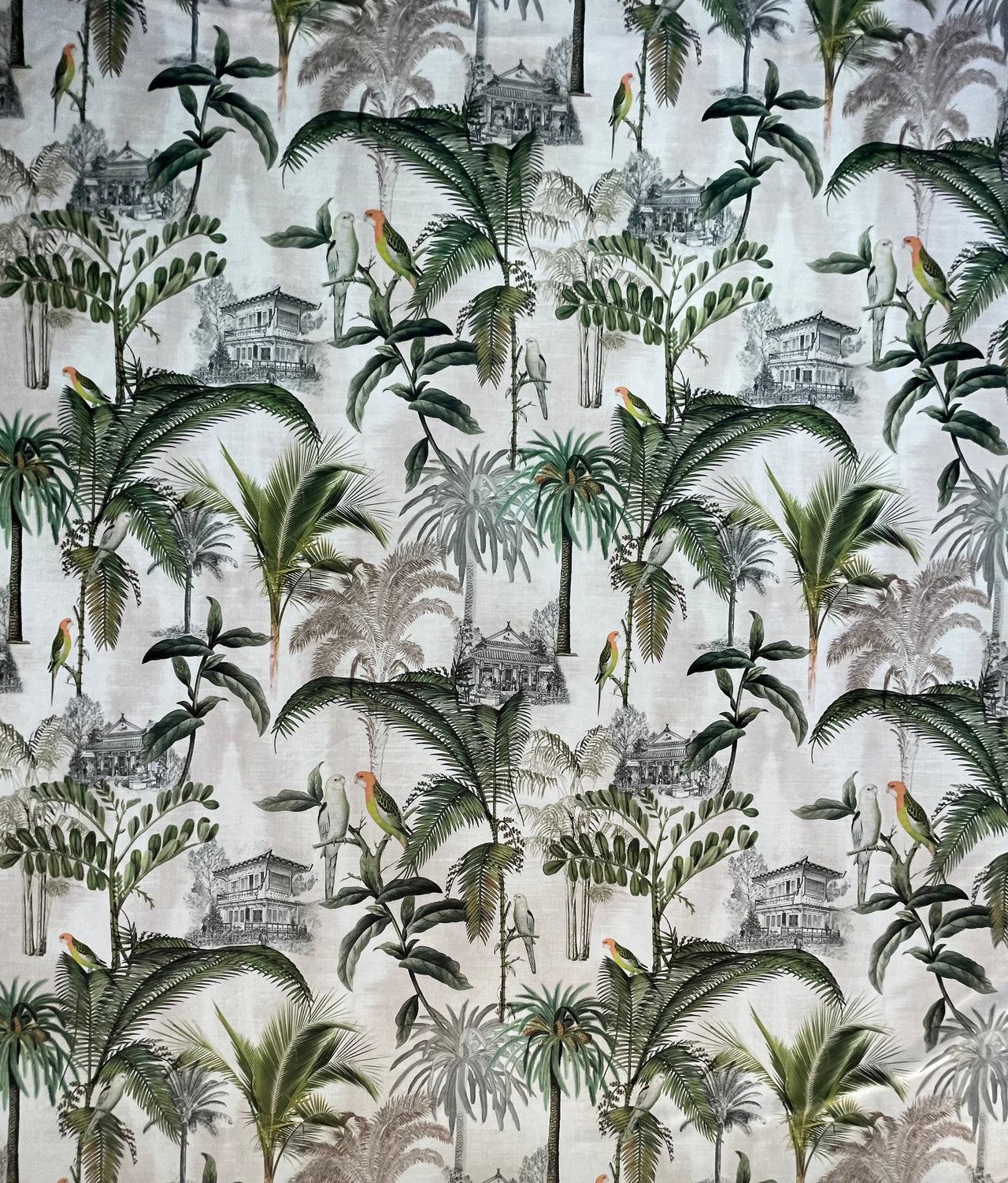 Exotic velvet fabric with greenery and birds