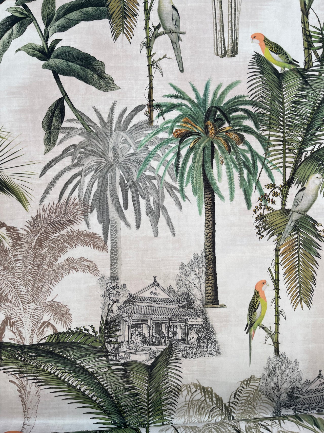 Upholstery velvet fabric with exotic greenery

