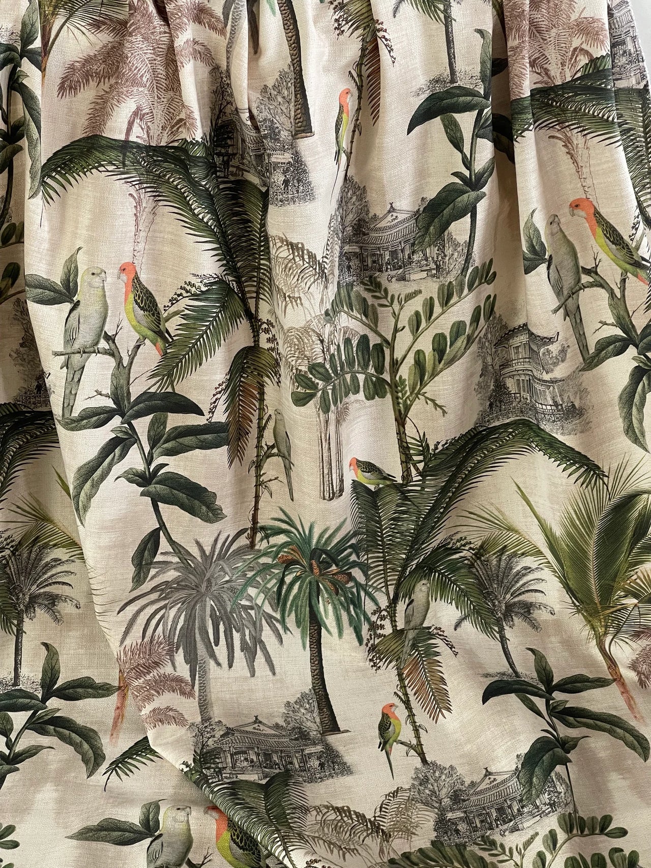 Scenic tropical foliage and parrot print for interior decoration